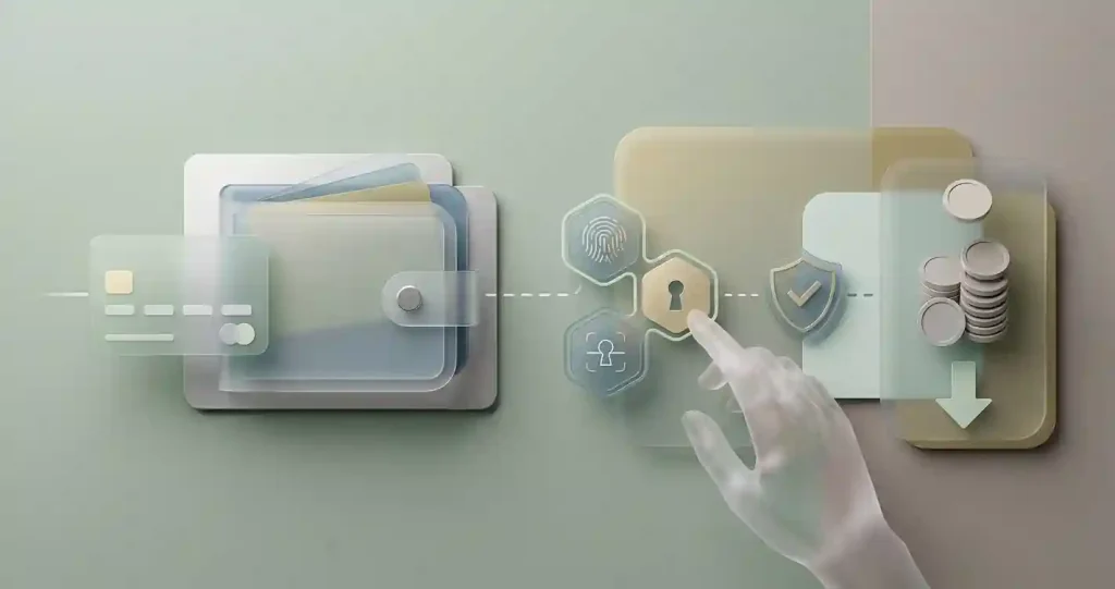 Editorial illustration of a card, cryptocurrency wallet and GBP payment decision flow