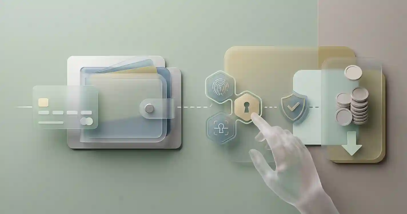 Editorial illustration of a card, cryptocurrency wallet and GBP payment decision flow