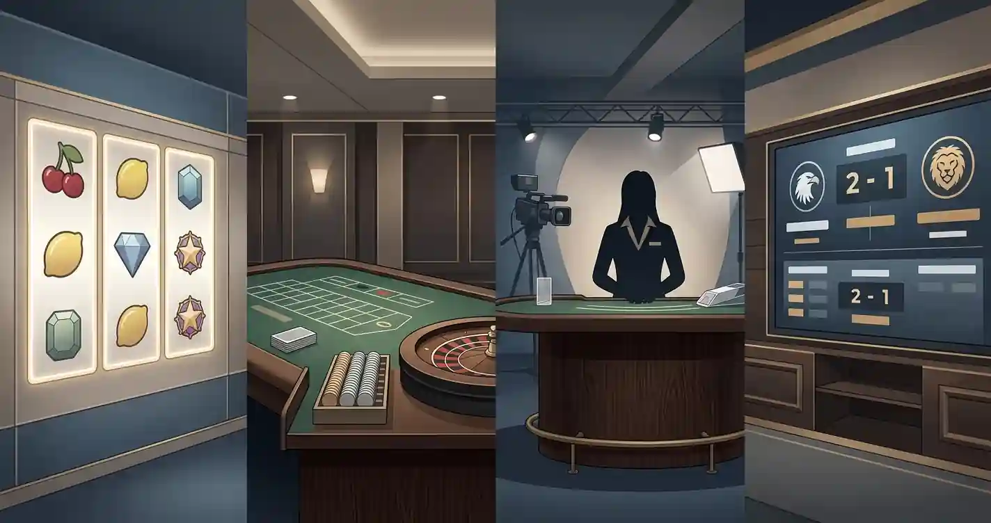 Illustration of casino game categories including slots, table games, live dealer games and sports betting