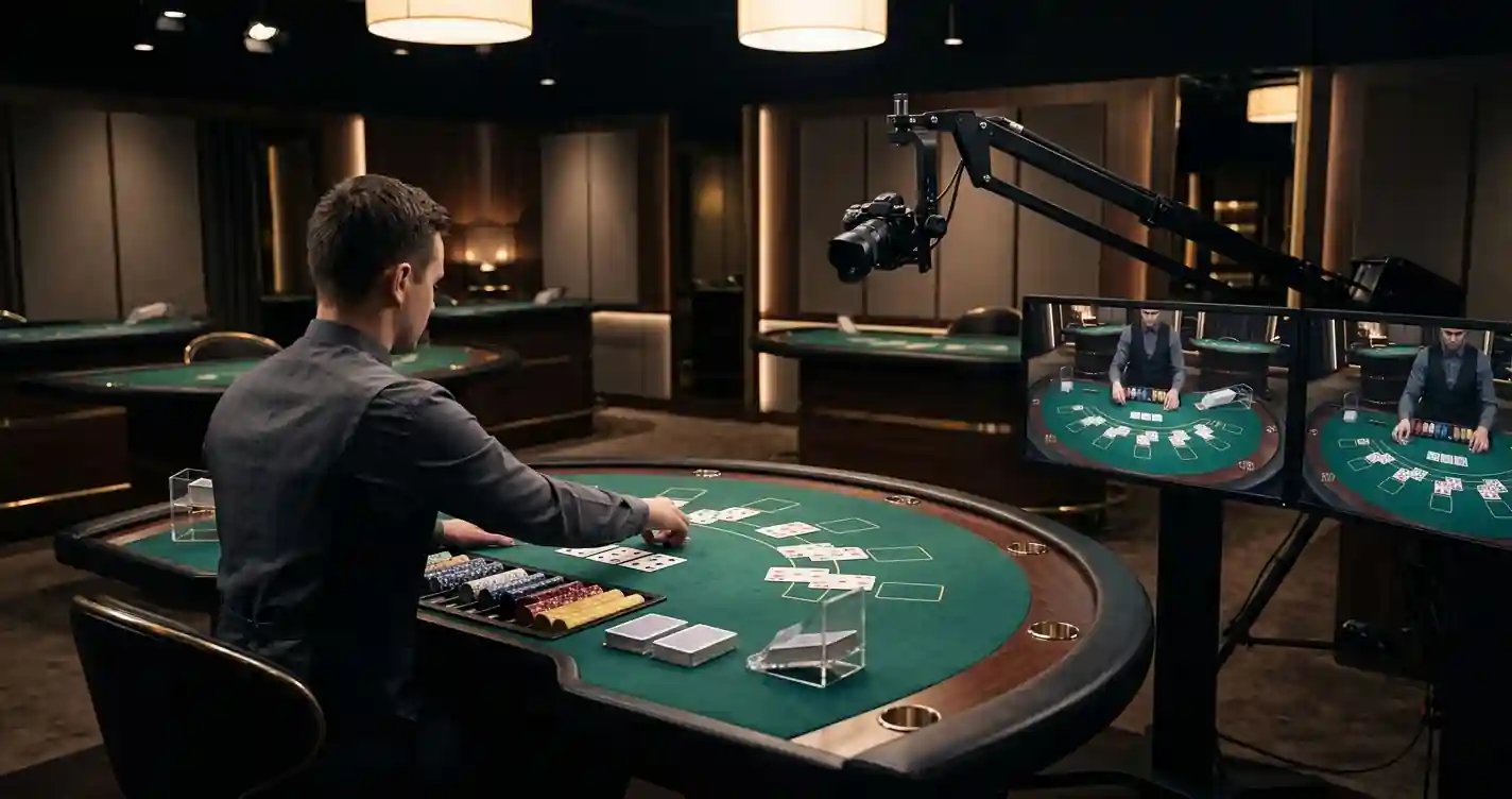 Editorial illustration of a live dealer table with cards, chips and a streamed casino setting