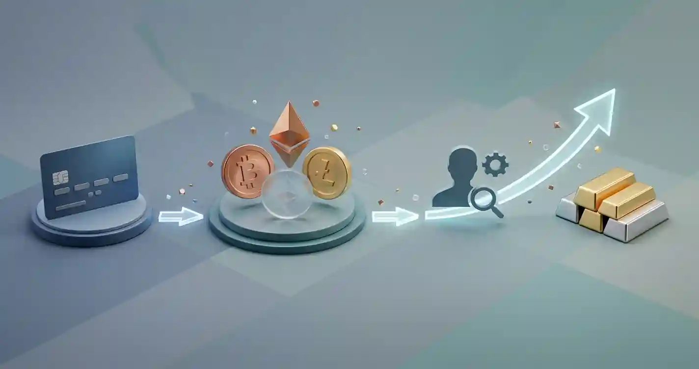 Editorial illustration of a payment decision flow showing card, cryptocurrency, verification and withdrawal stages