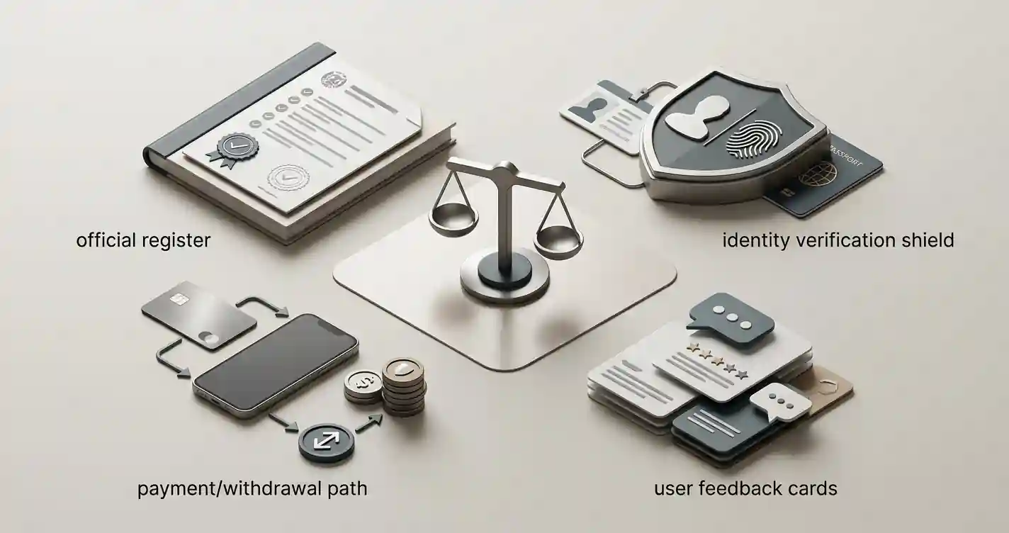 Trust checklist illustration with regulator register, payment verification and player feedback symbols