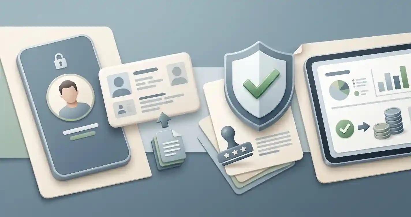 Secure identity verification illustration with document check and account protection symbols